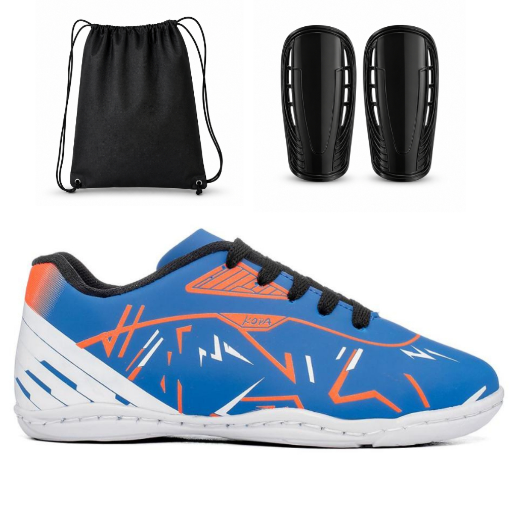 Kit Chuteira Infantil Masculino Quadra Salão Antiderrapante Resistente Confortável Caneleira Mochila