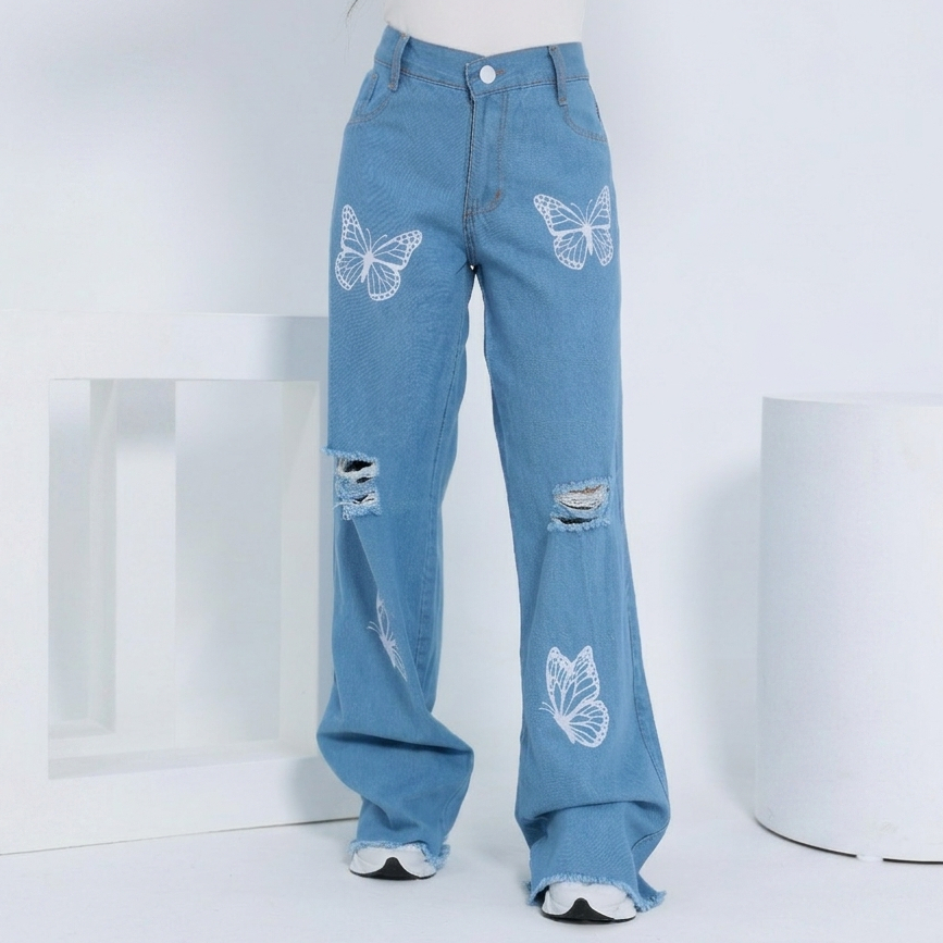 Calça Infantil Jeans Menina Juvenil Modelo Wide Leg Cintura Alta Estampada