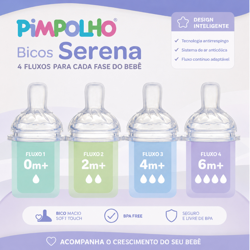Bico Para Mamadeira Serena Pimpolho Fluxo 1 ao 4 / 0 a 6+ Meses 2 Unidades