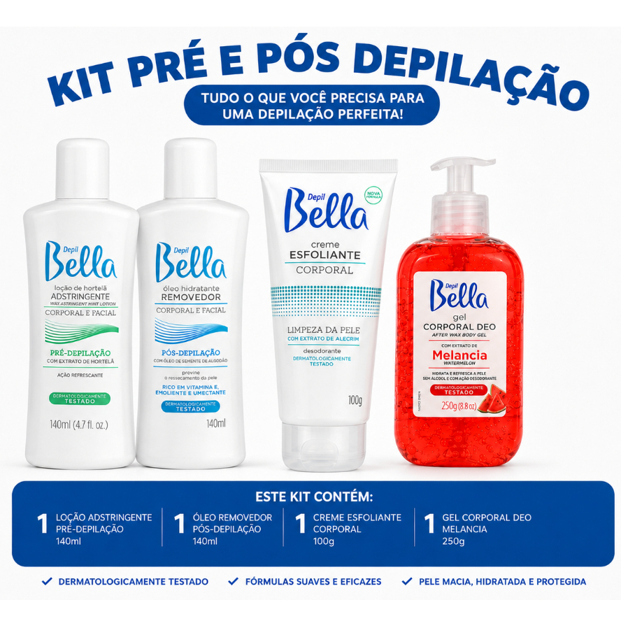 Kit Pré E Pós Depilação Gel Calmante+ Adstringente + Removedor + Esfoliante Corporal.