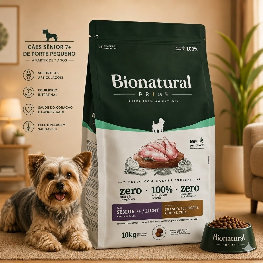 Ração SuperPremium Bionatural Prime Caes Seniores Pequenos Sabor Frango 10.1kg
