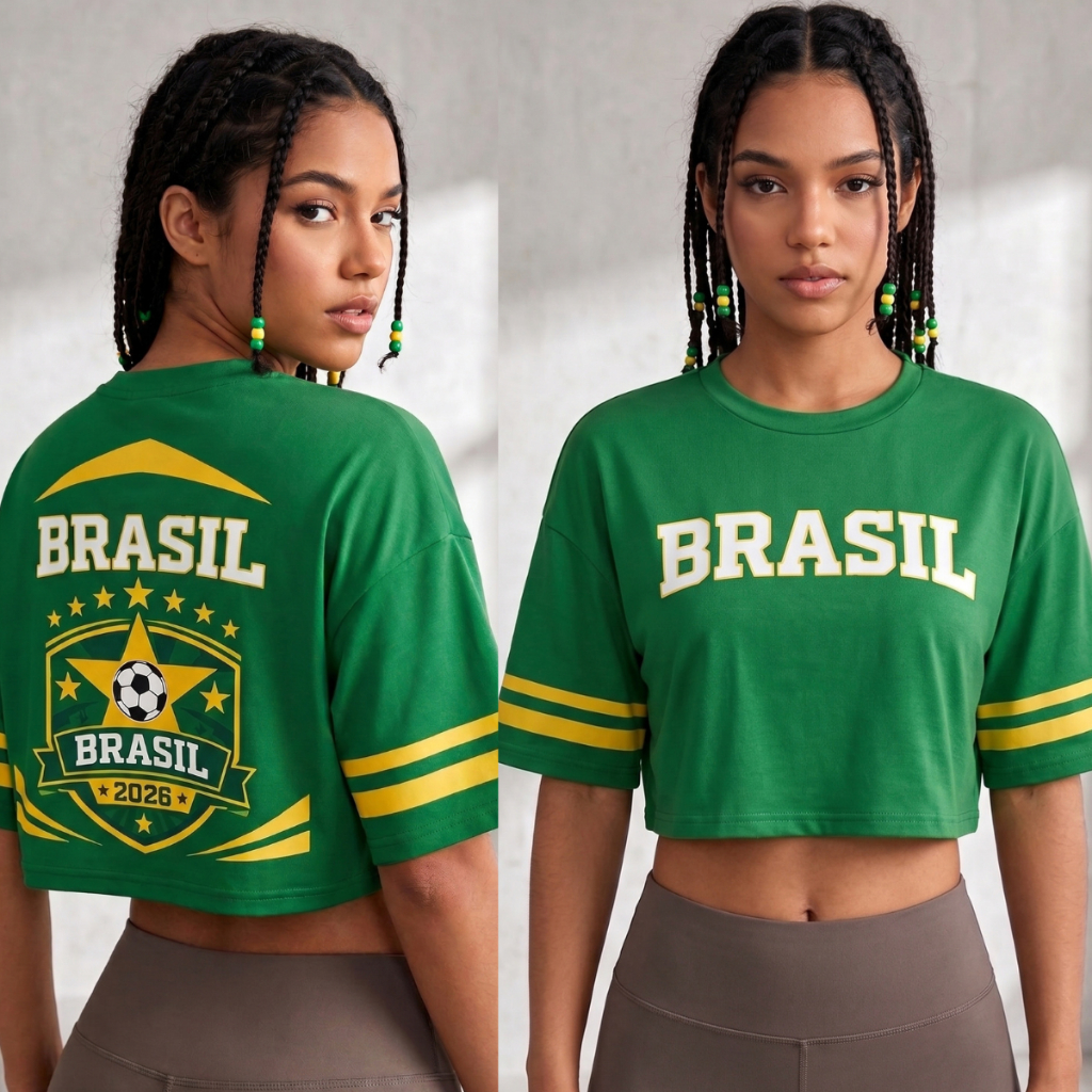 Blusa Cropped Feminino Bandeira Do Brasil World Cup Simbolo America Do Sul Oversized Estiloso