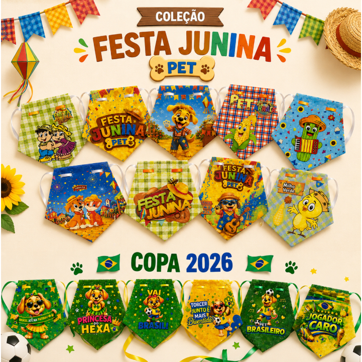 Kit Colarinho Pet Shop Festa Junina Copa do Mundo Macho Fêmea Bandana Banho Tosa Gravatinhas Pet Cachorro Gatos