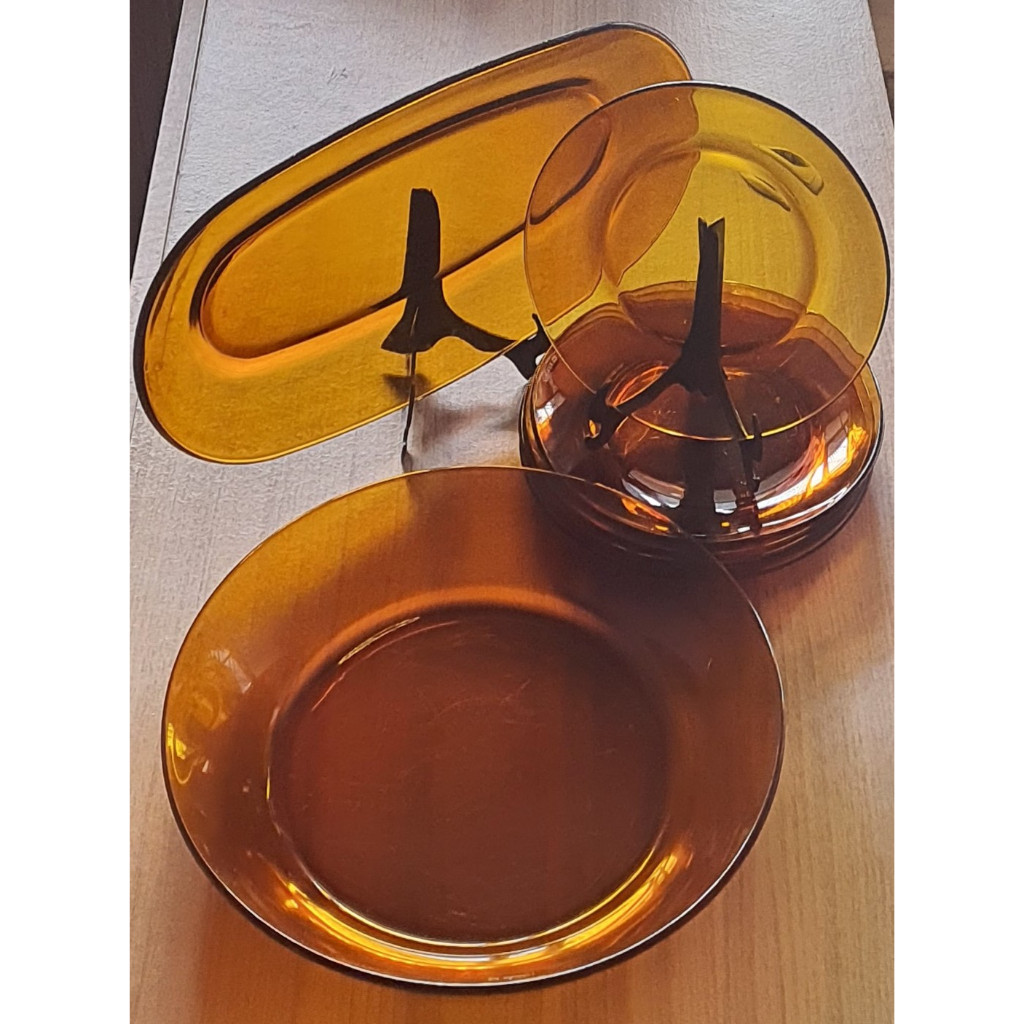Conjunto Prato Travessa 34cm com Saladeira 28cm e 6 Pratinhos 19cm Duralex Originais Cor Âmbar (Antiguidade)