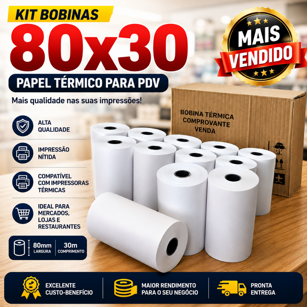 Kit Bobinas 80x30 Papel Térmico PDV Cupom Fiscal Alta Qualidade Variadas Quantidades