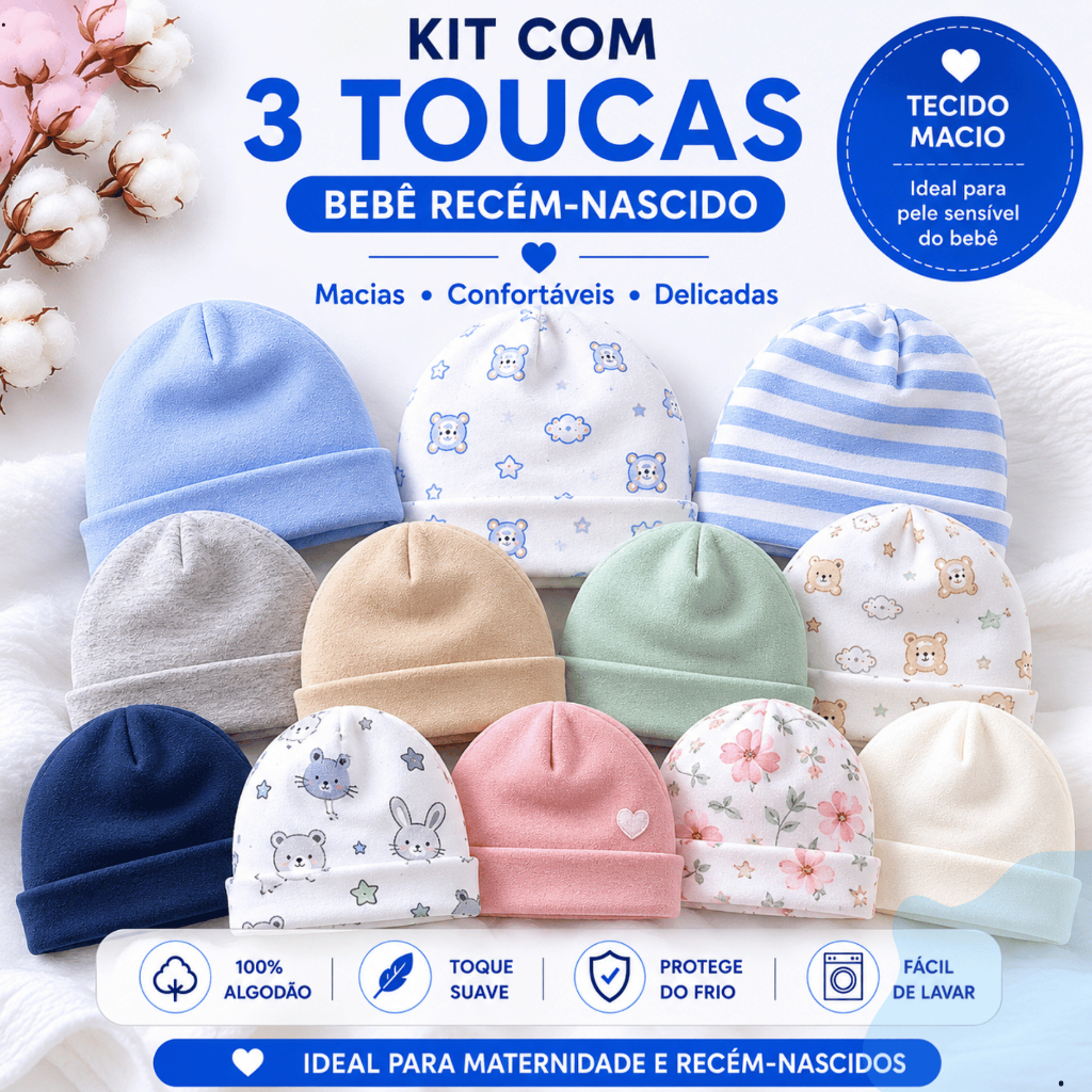 Kit 3 Toucas Bebê Recém Nascido Maternidade Lisas Estampadas 100% Algodão Antialérgico Gorro RN