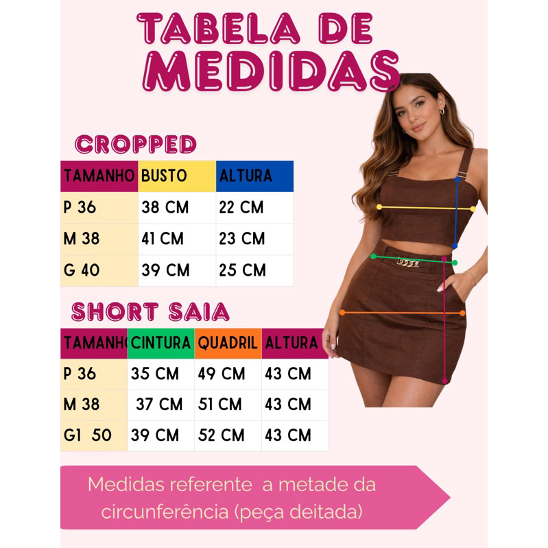 Conjunto para ocasião social elegante shorts saia com Croped com alças reguláveis e elástex nas costas