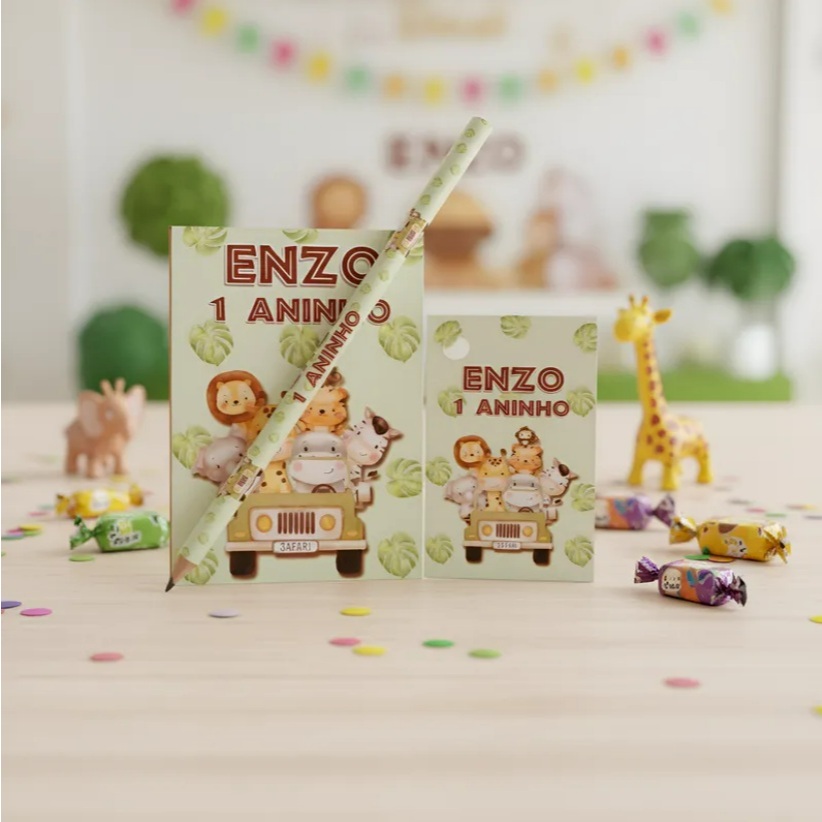 10 Kits Lembrancinha Safari Baby Bloquinho Lápis e Tag Personalizados Aniversário Chá de bebê Maternidade Chá Revelação