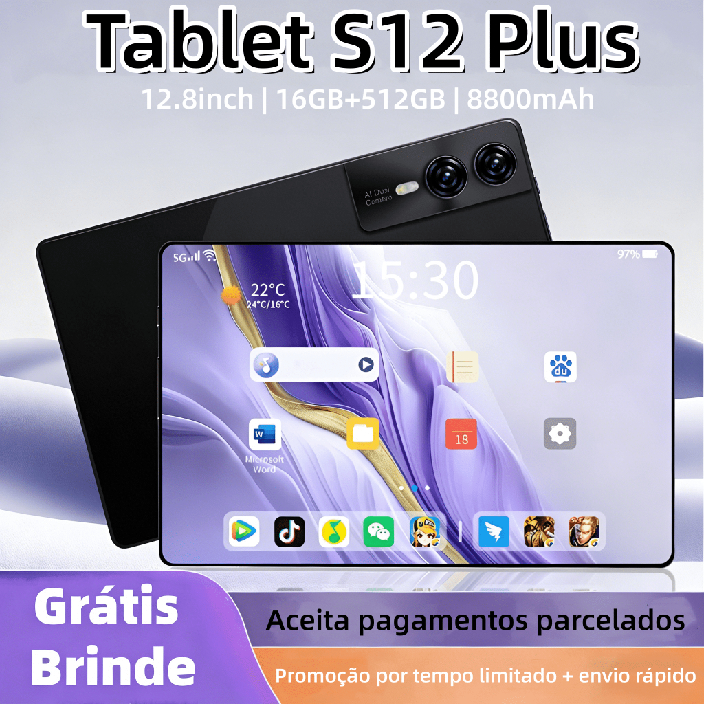 Tablet S12 Plus 16 GB + 512 GB, 12,8 polegadas, bateria de 8.800 mAh, dois chips, processador dual-core, 5G e Wi-Fi
