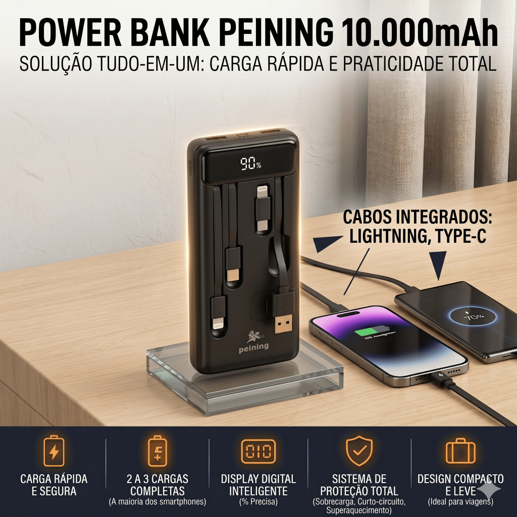 Carregador Portátil Power Bank 10000mah Peining Original Cabos Embutidos Display Digital Carga Rápida iPhone Android