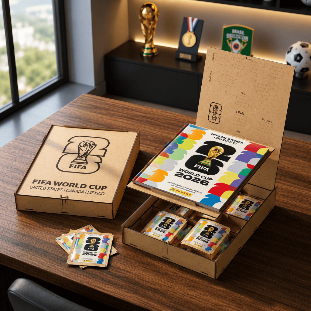 Caixa Organizadora Álbum Figurinha Copa Mundo FIFA 2026 Caixa MDF c/ Divisória Colecionador Futebol 33x25x6 cm