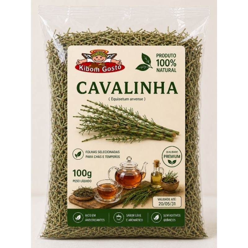 100g Chá de Cavalinha 100% natural folhas, com 5 pacotes de 20g que preserva o aroma, a textura e o sabor original.