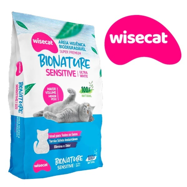 Areia Biodegradável para Gatos Bionature Sensitive Wisecat 2KG Grãos Finos