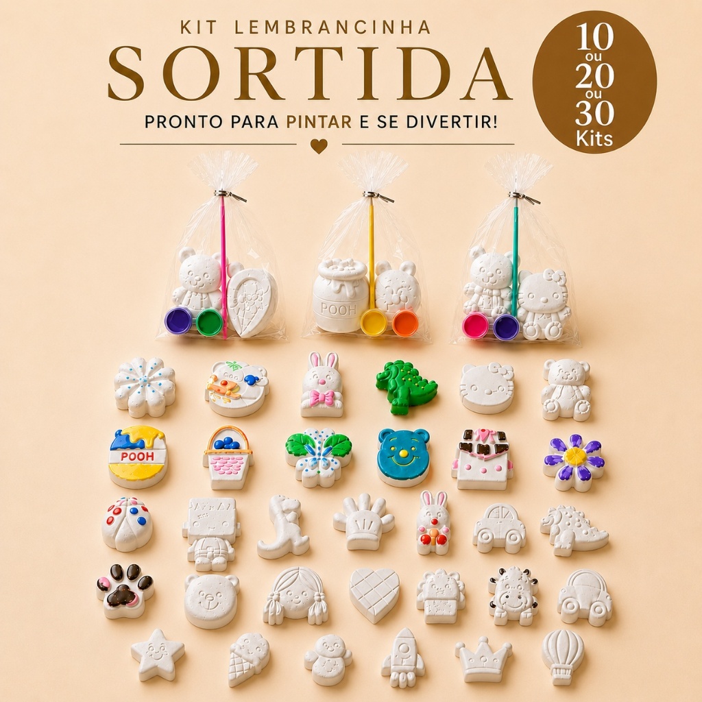 Kit 10 20 ou 30 Lembrancinhas Infantil Gesso Cru + Pincel + Guaches Peças Sortidas Festa Aniversário