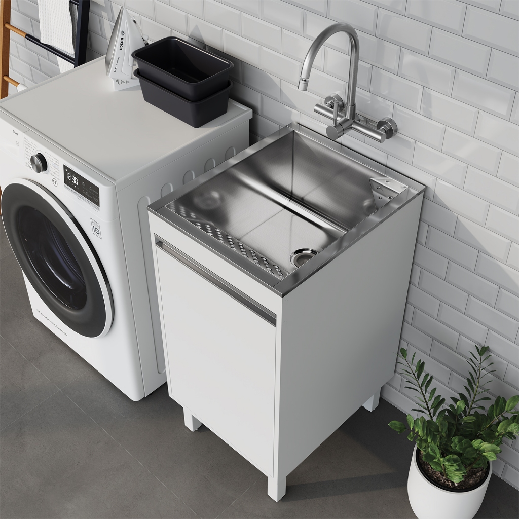 Tanque de Lavar Roupas Lavanderia Área De Serviço 30L Inox + Gabinete Armário MDF Branco Montado