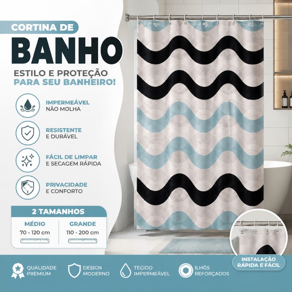 Cortina para Box com Varão Extensível Impermeável Fácil de Limpar