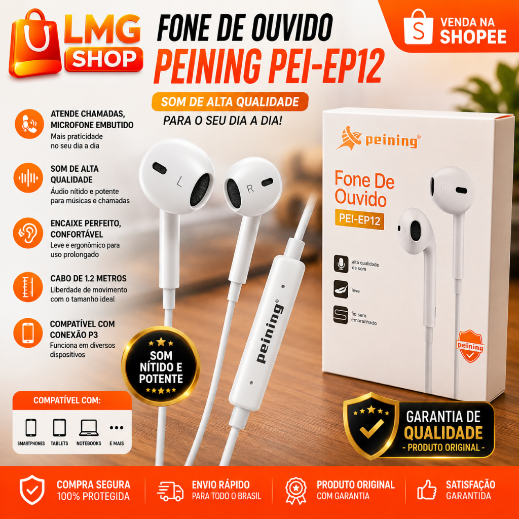 Fone de Ouvido Peining P3 PEI-EP12 Com Microfone Som Estéreo Cabo 1.2m Compatível Android Notebook PC - LMG Shop