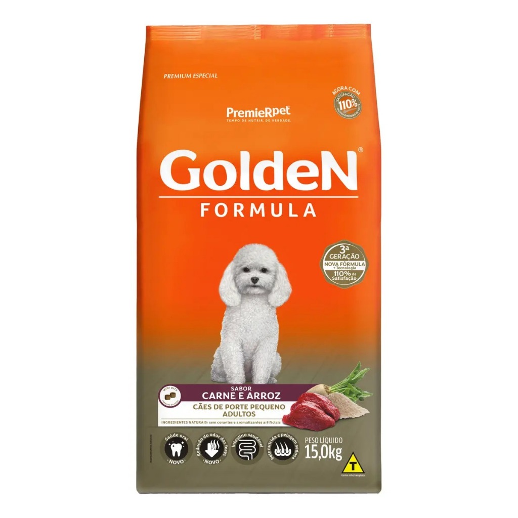 Ração Golden Fórmula Mini Bits para Cães Adultos de Pequeno Porte Sabor Carne e Arroz 15kg