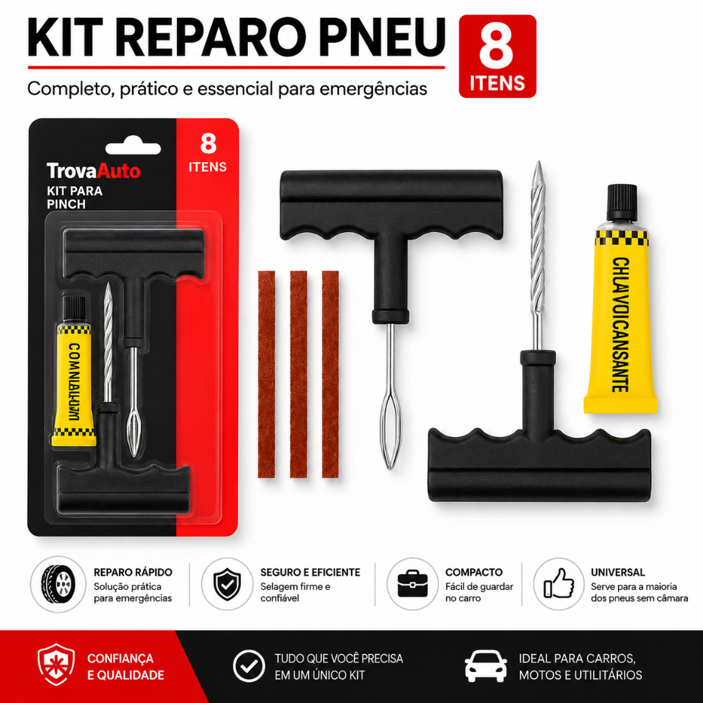 Kit Reparo Pneu Sem Câmara Moto Carro C/ Macarrão 8 Itens