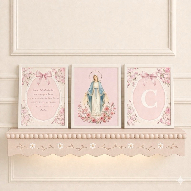 Kit 3 Quadros Decorativos Infantil Religioso Católico Santa Nossa Senhora das Graças Oração Santo Anjo COM MOLDURA