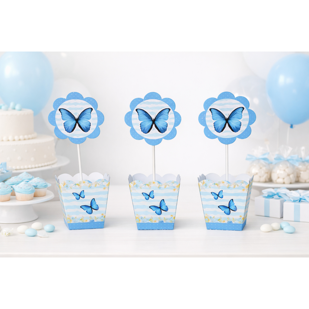 Kit 12 a 30 Centro de Mesa BORBOLETA AZUL JARDIM Cachepot Lembrancinha Pegue e Monte NÃO É PERSONALIZADO
