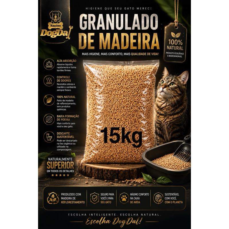 Granulado PREMIUM Higiênico De Madeira Biodegradável Gatos e Roedores 15kg