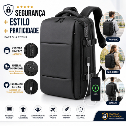 Mochila Escolar Universitária Impermeável Antifurto com Cadeado Reforçado para Notebook, Viagem e Trabalho