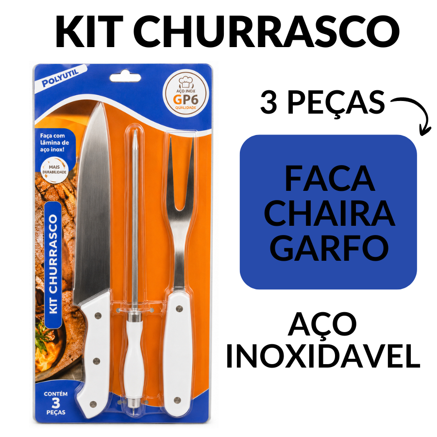 Kit Churrasco Jogo 3 Peças Garfo Chaira Faca Aço Inoxidável Resistente Cozinha Para Churrasco