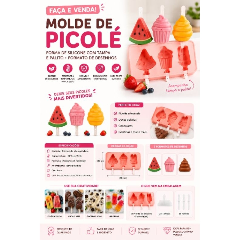 FORMA DE SILICONE PICOLÉ C/ TAMPA E PALITO FORMA DE DESENHO