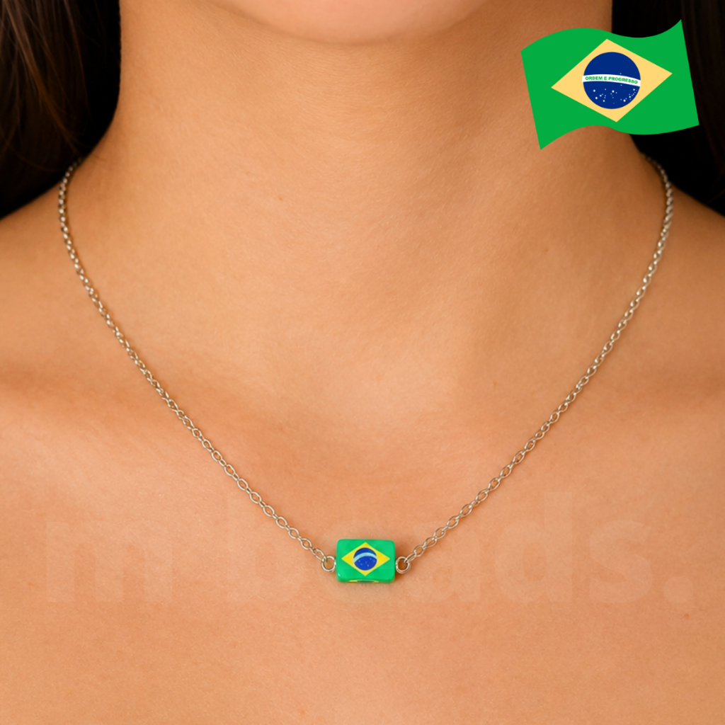Colar Brasil - Colar Prata Brasil Copa do Mundo - Acessório - Chocker Prateada
