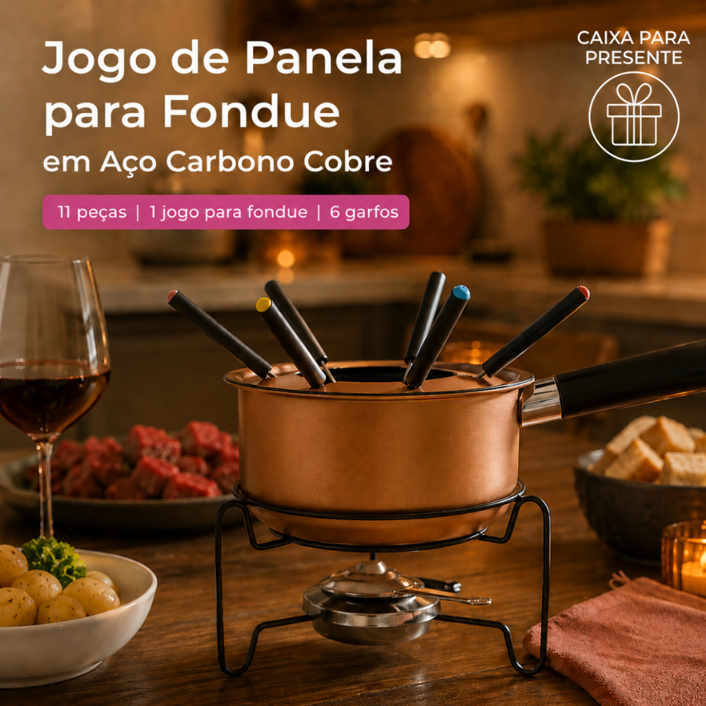 Aparelho de Fondue Em Cobre 11 Peças Completo Com Rechaud Queimador e 6 Garfos Chocolate Queijo Carne
