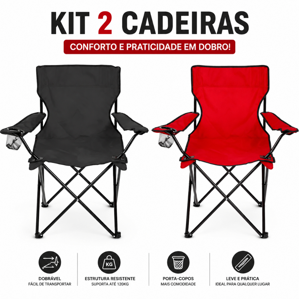 Kit Cadeira Dobrável Para  Camping e Praia Pesca Ar livre