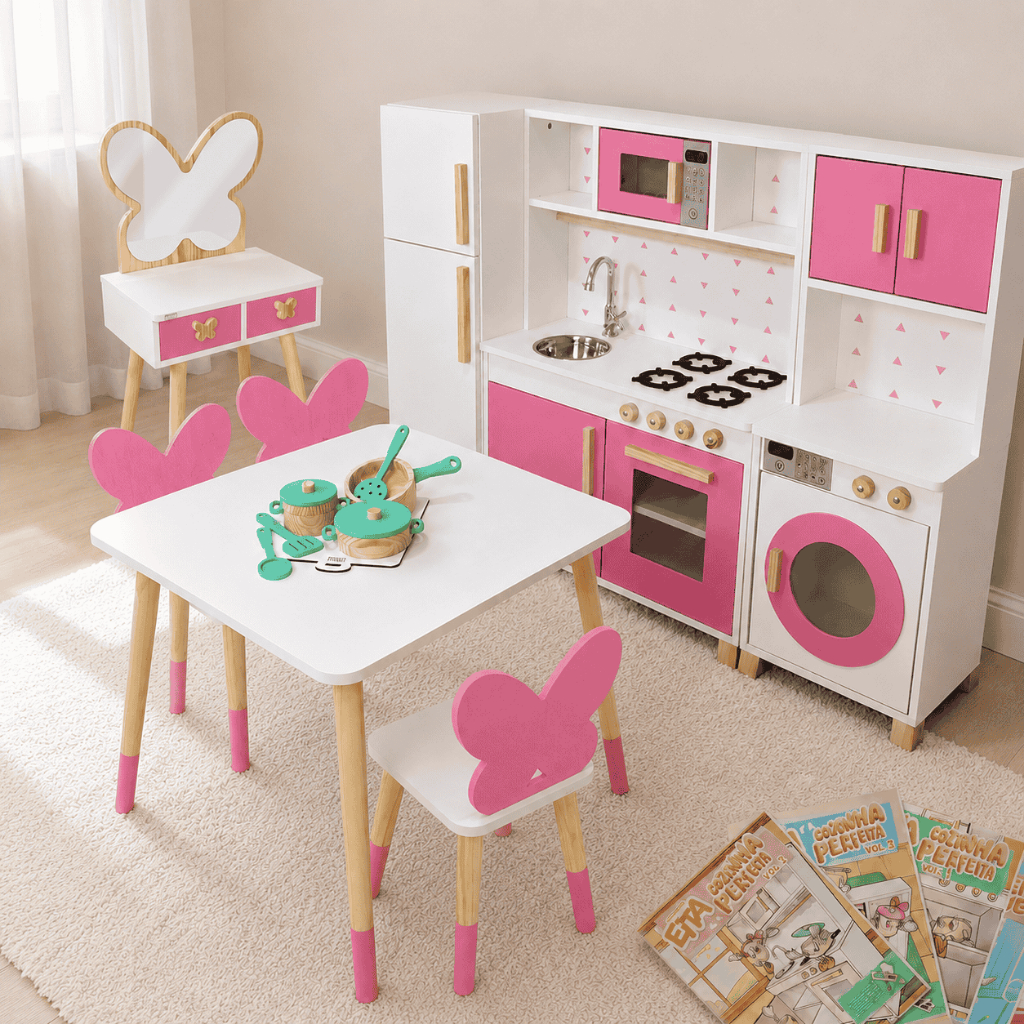 Combo Brinquedoteca Penteadeira Grande Madeira Infantil Rosa Faz de Conta Beleza Kit Livro Educativo