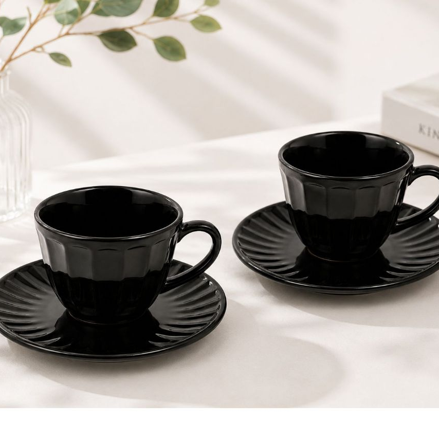 Jogo de Xícaras Pretas com Pires Kit Café Chá Cappuccino Elegante Moderno Luxo Cerâmica