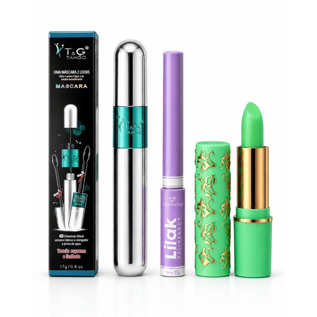 Kit Maquiagem Completo Delineador Líquido Lilak Jasmyne + Batom Mágico + Rímel T&G Beleza e Cuidado Pessoal