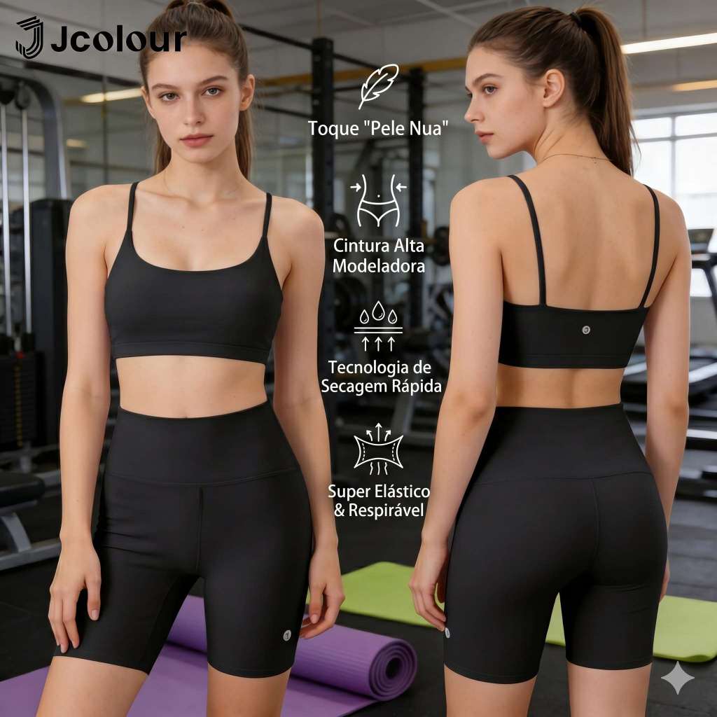 Jcolour Conjunto Fitness Suplex Feminino Top e Short Roupa Treino Academia Yoga Atividade Física