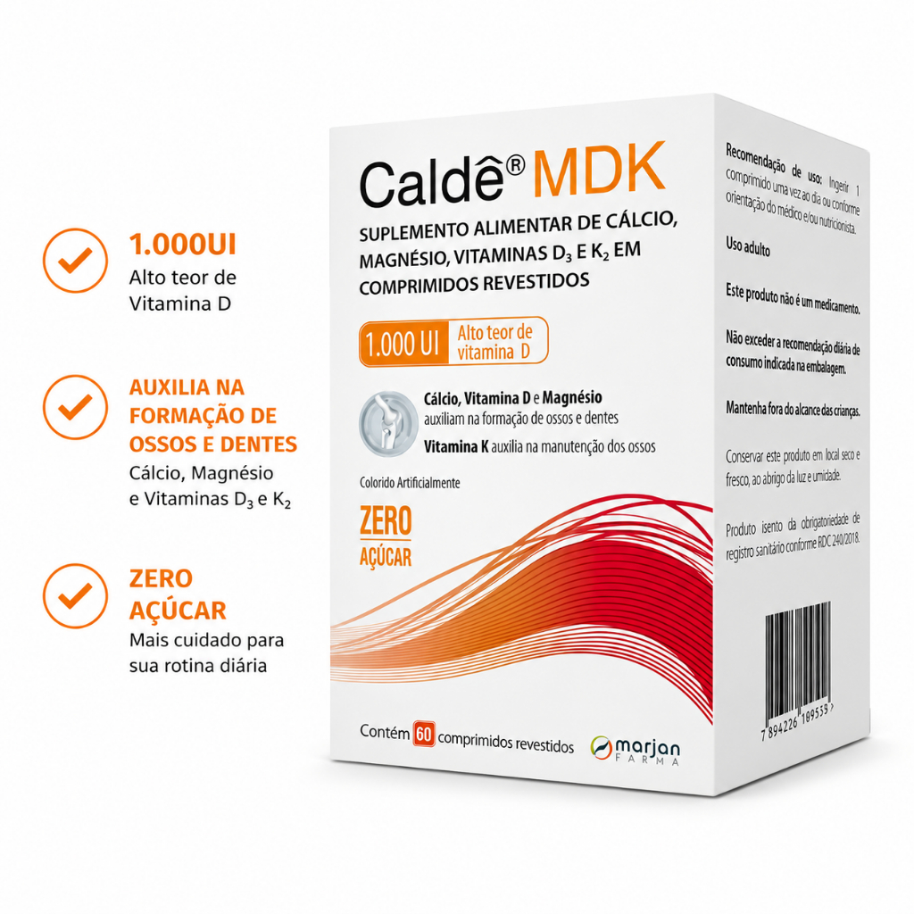 Cálcio Caldê MDK 1000UI 60 Comprimidos Vitamina D3 K2 Magnésio Zero Açúcar