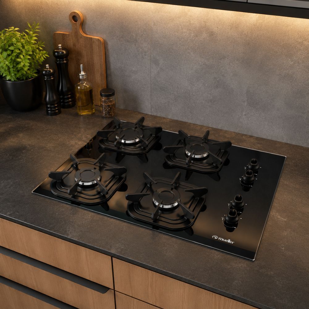 Cooktop Mueller 4 Bocas Ultra Chama Preto com Mesa de Vidro Bivolt