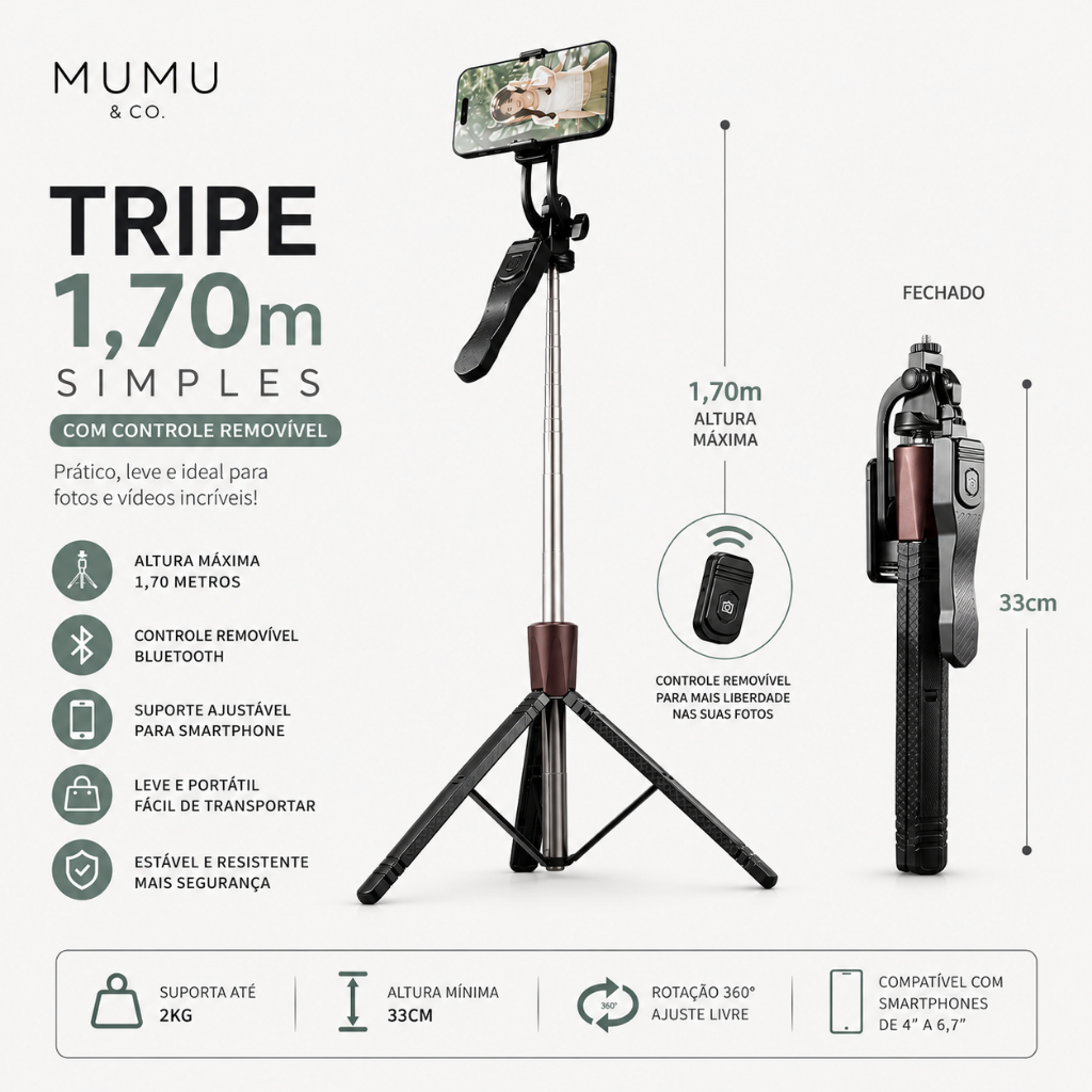 Tripé Suporte Celular 360 Profissional Bastão Selfie 1,6m + Controle Bluetooth Sem Fio Reforçado