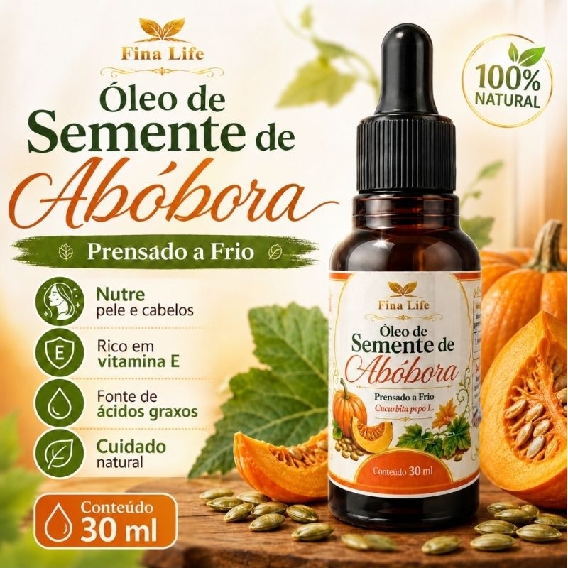 Óleo de Semente de Abóbora 30ml Fina Life 100% Natural Prensado a Frio Vitamina E Bem-Estar Diário
