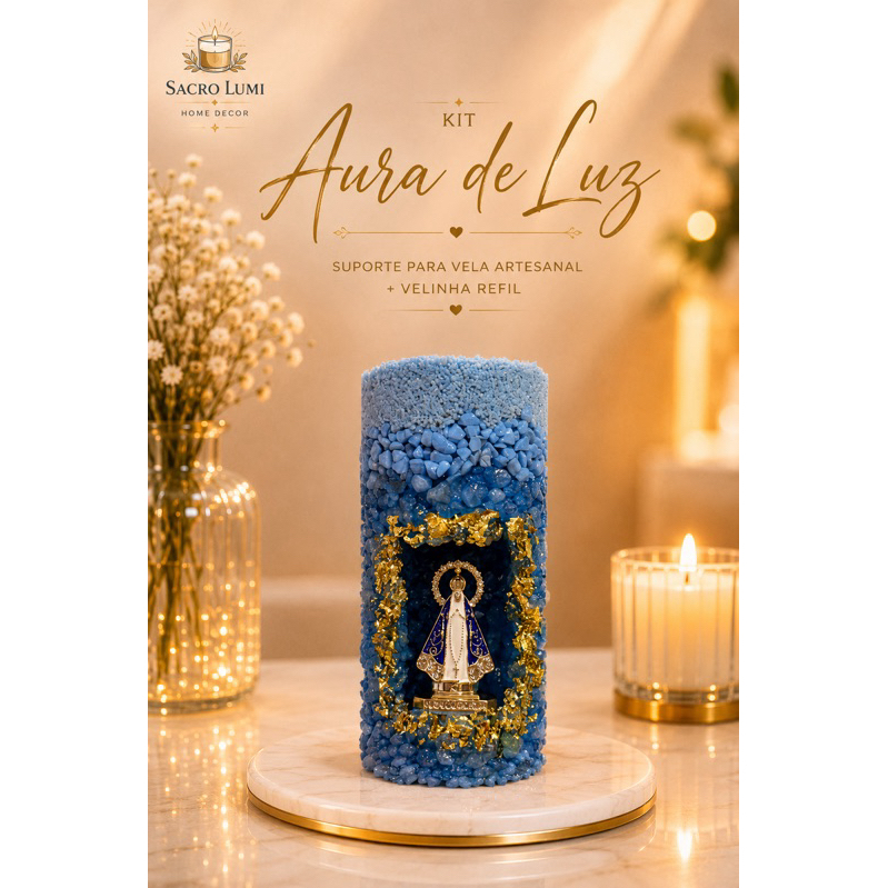 PRESENTE | Kit Aura de Luz | Suportes de Vela Artesanal | Nossa Senhora Aparecida | Pronta para Uso