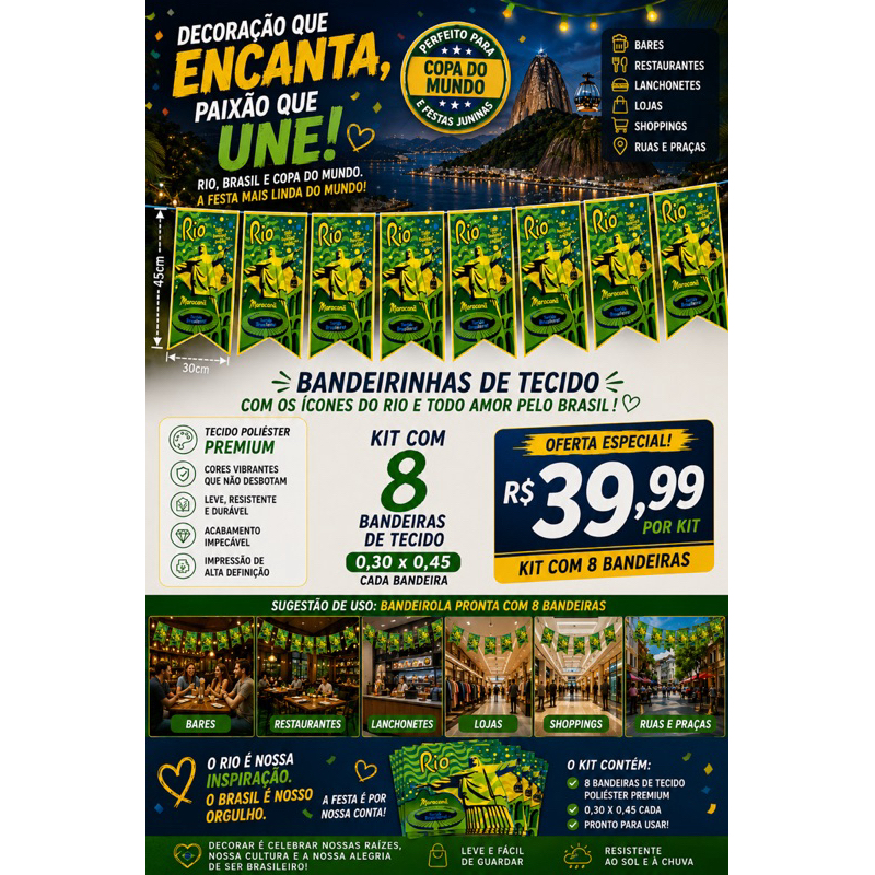 KIT COM 8 BANDEIRAS DE 30x45 CM DO BRASIL RIO DE JANEIRO PARA BANDEIROLAS DE TECIDO