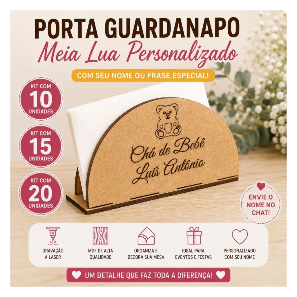 Porta Guardanapo Meia Lua Personalizado MDF – Decoração para Mesa, Casamento e Festas