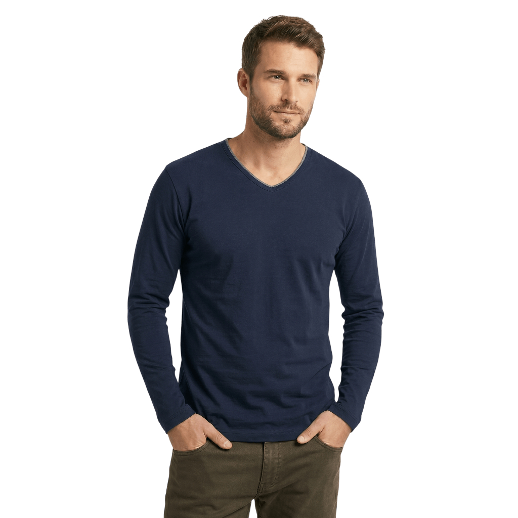 Camiseta Manga Longa 100% Algodão Gola V Com Vieis Masculina Manga Comprida Blusa Decote V Premium