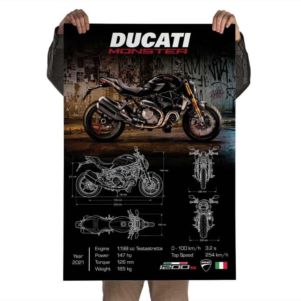 Pôster Autoadesivo Ducati Monster 1200 S 2021 Blueprint Moto Premium