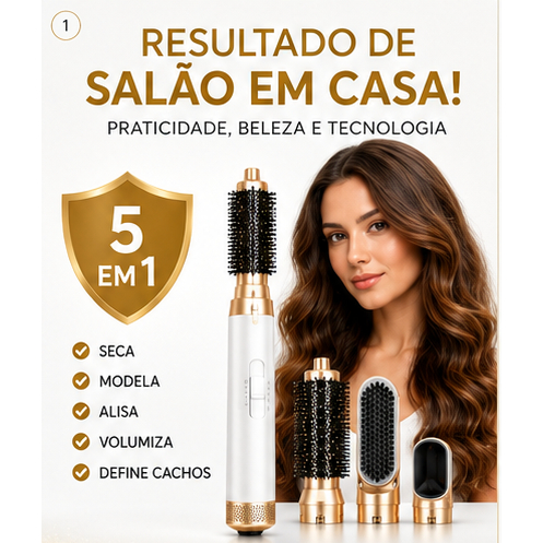 Escova Secadora 5 em 1 Profissional 220V / 110v  Seca, Alisa Modela Escova Rotativa Multiuso Premium