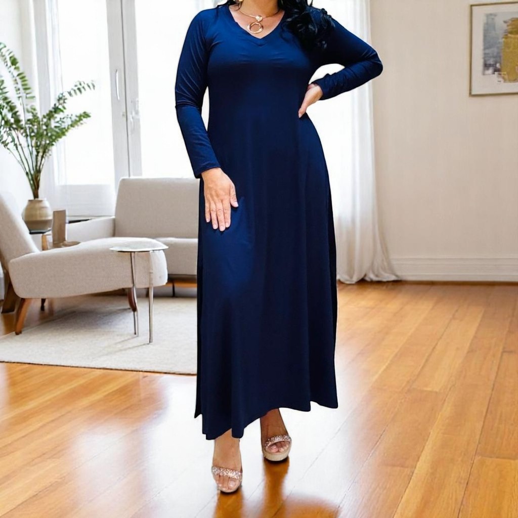Vestido Longo Plus Size Manga Longa Fenda Frontal Viscolycra Elegante Confortável Moda Evangélica Casual