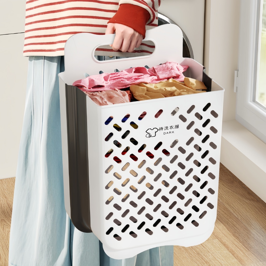 Cesto de roupa suja dobrável e retrátil – adesivo forte na parede