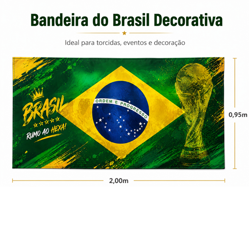 Bandeira Brasil Gigante 2,00x0,95m Tecido Poliéster Copa do Mundo Seleção Brasileira Torcida Eventos