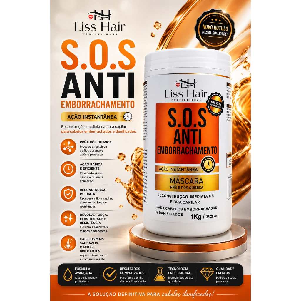 Máscara SOS Antiemborrachamento Para Cabelos Emborrachados e Danificados 1Kg Linha Premium Liss Hair
